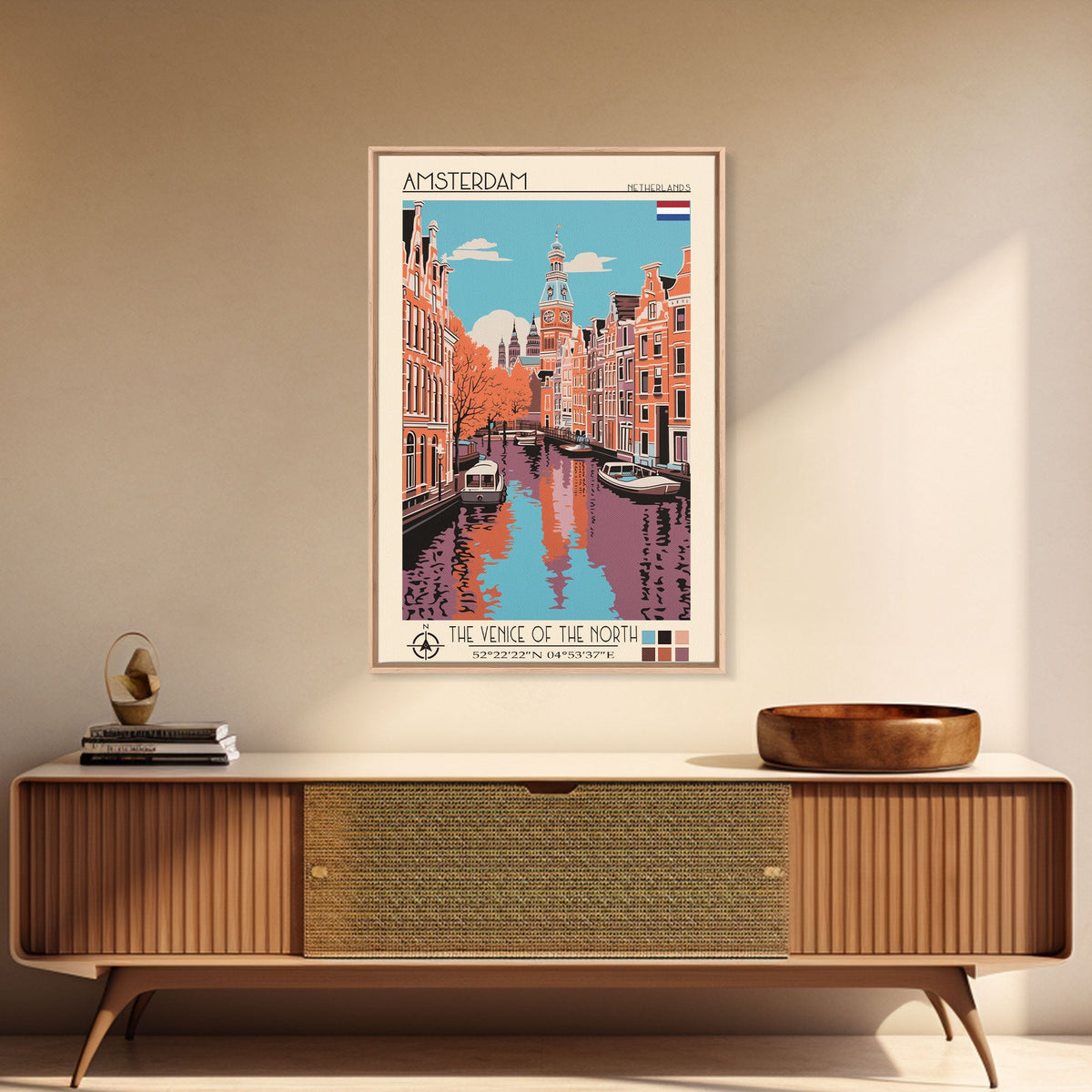 Amsterdam Netherlands Travel Poster Framed Canvas Print, Midcentury Modern Art, Pop Art Decor, Wall Art, Vacation Gift, Living Room Decoration, Scenic Print