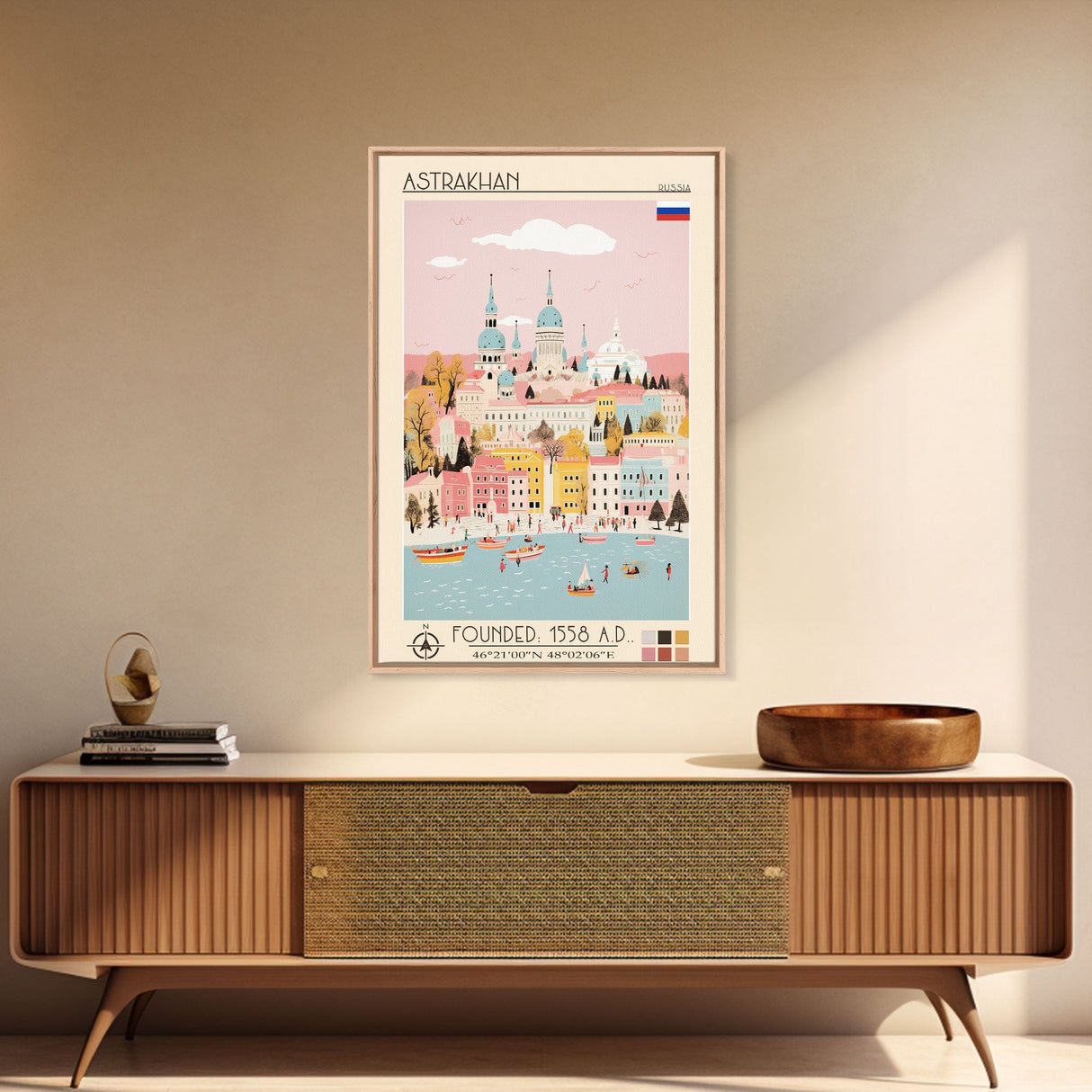 Astrakhan Russia Travel Poster Framed Canvas Print, Midcentury Modern Art, Pop Art Wall Decor, Home Decor, Vacation Gift, Living Room Art