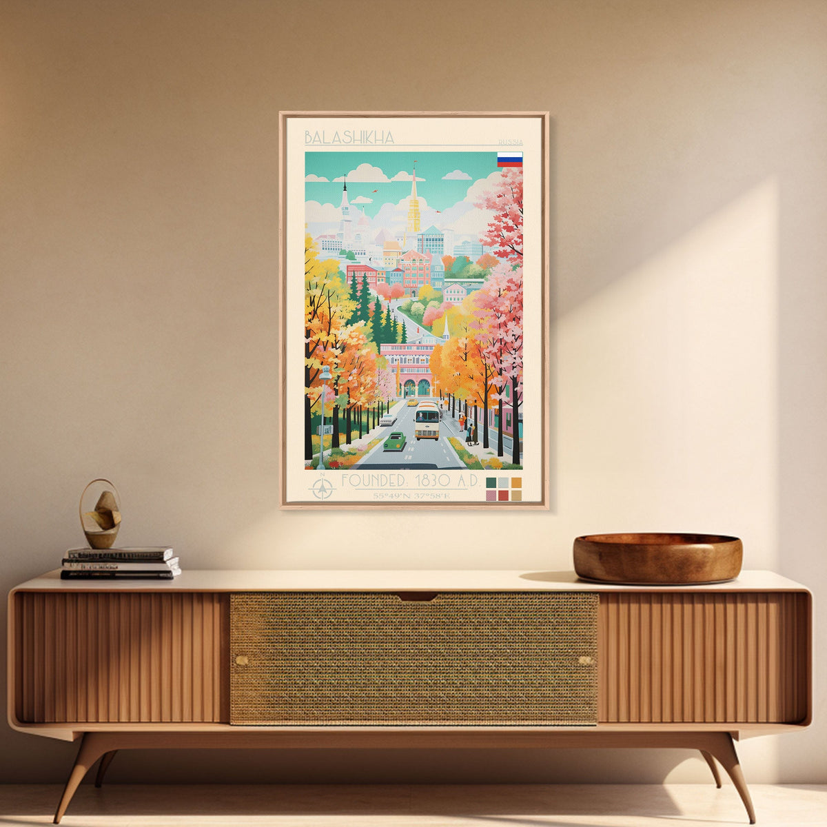 Balashikha Russia Travel Poster Framed Canvas Print, Midcentury Modern Art, Pop Art Wall Decor, Home Decor, Vacation Gift, Living Room Art