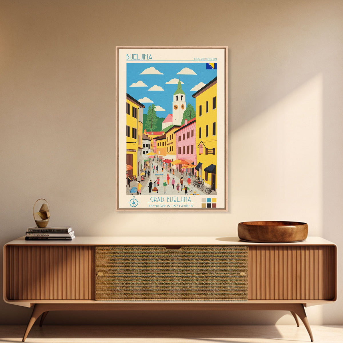 Bijeljina Bosnia Travel Poster Framed Canvas Print, Midcentury Modern Art, Pop Art Wall Decor, Home Decor, Living Room Art, Unique Gift