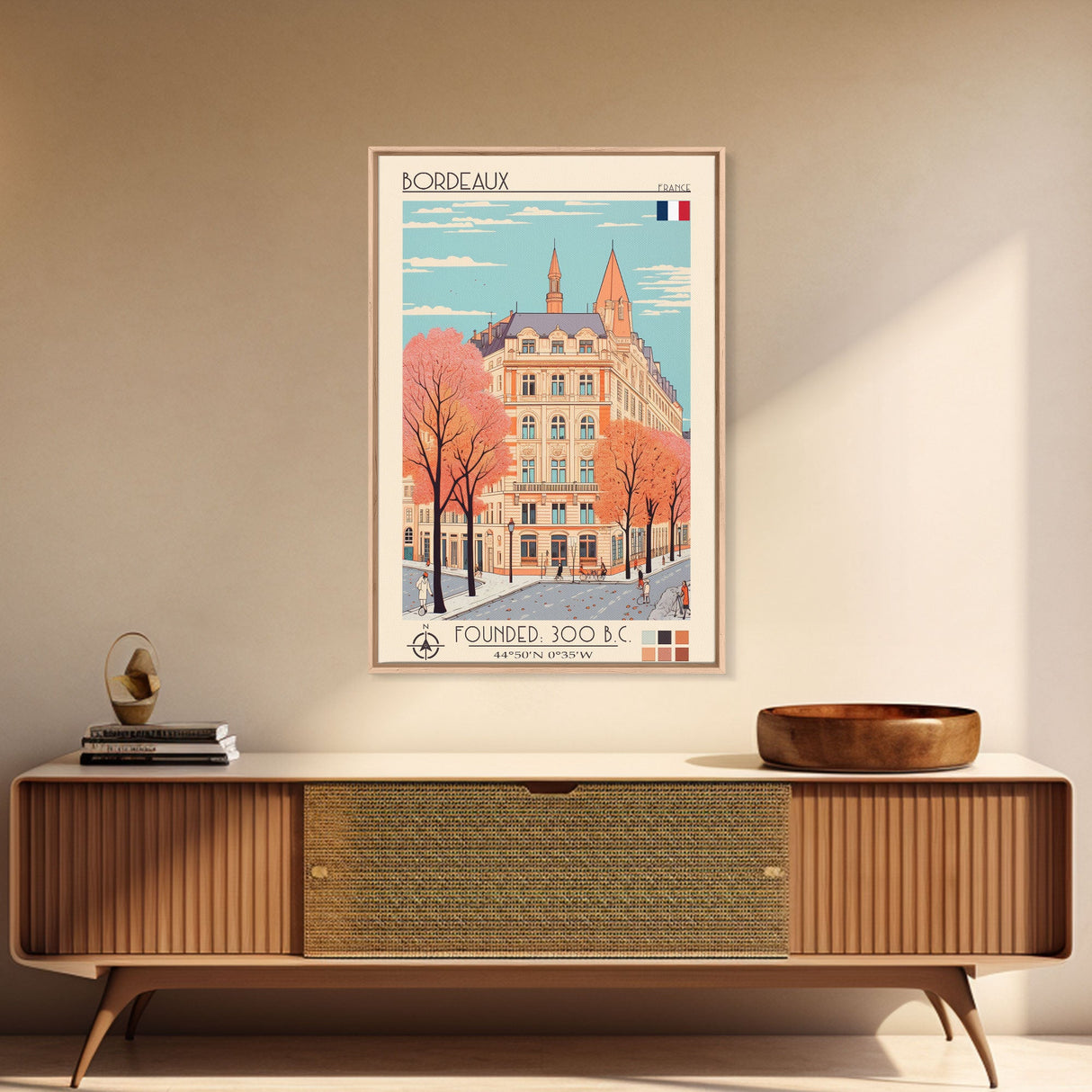 Bordeaux France Travel Poster Framed Canvas Print, Midcentury Modern Art, Pop Art Home Decor, Scenic Wall Art, Living Room Decoration