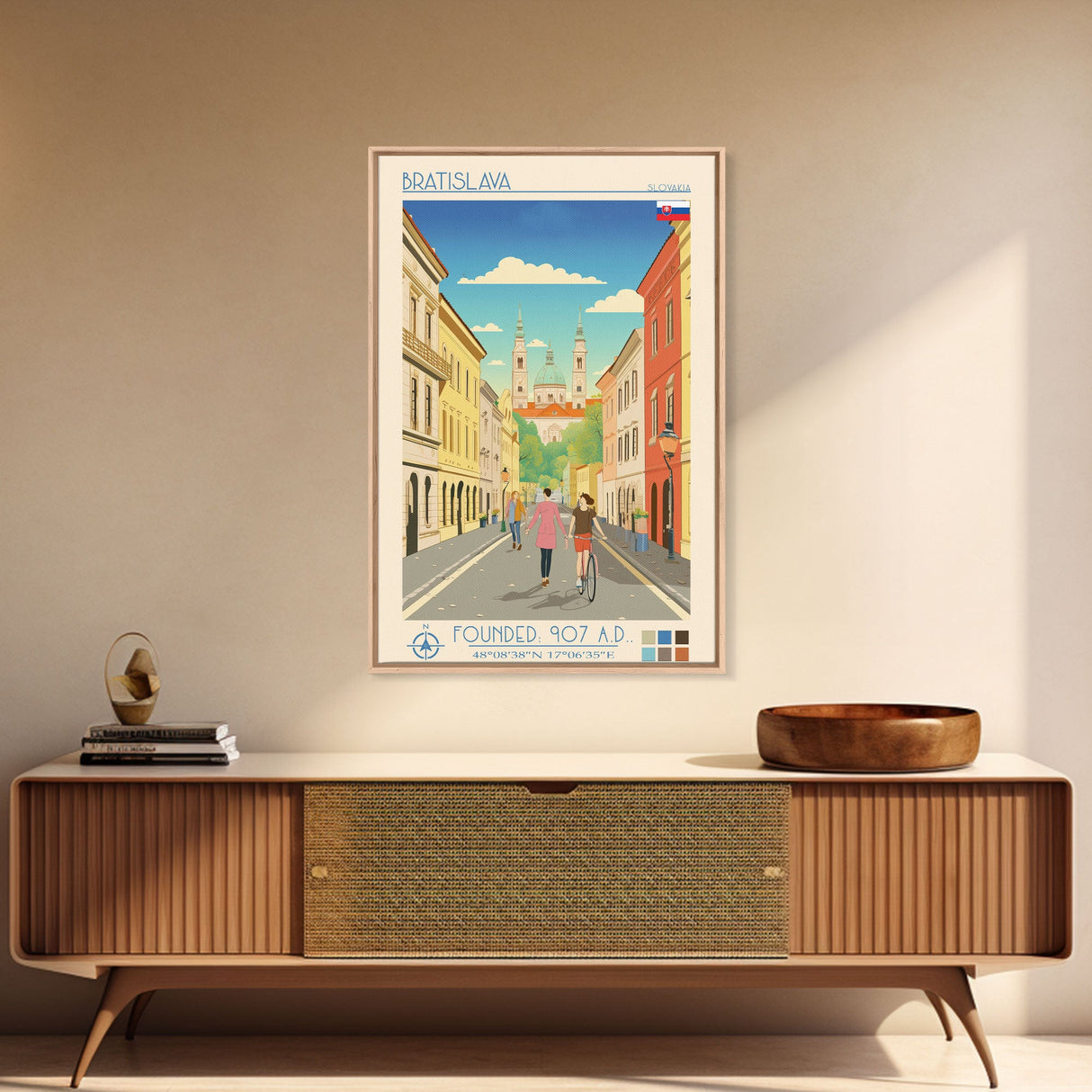 Bratislava Slovakia Travel Poster Framed Canvas Print, Midcentury Modern Art, Pop Art Wall Decor, Home Decor, Vacation Gift, Living Room Art