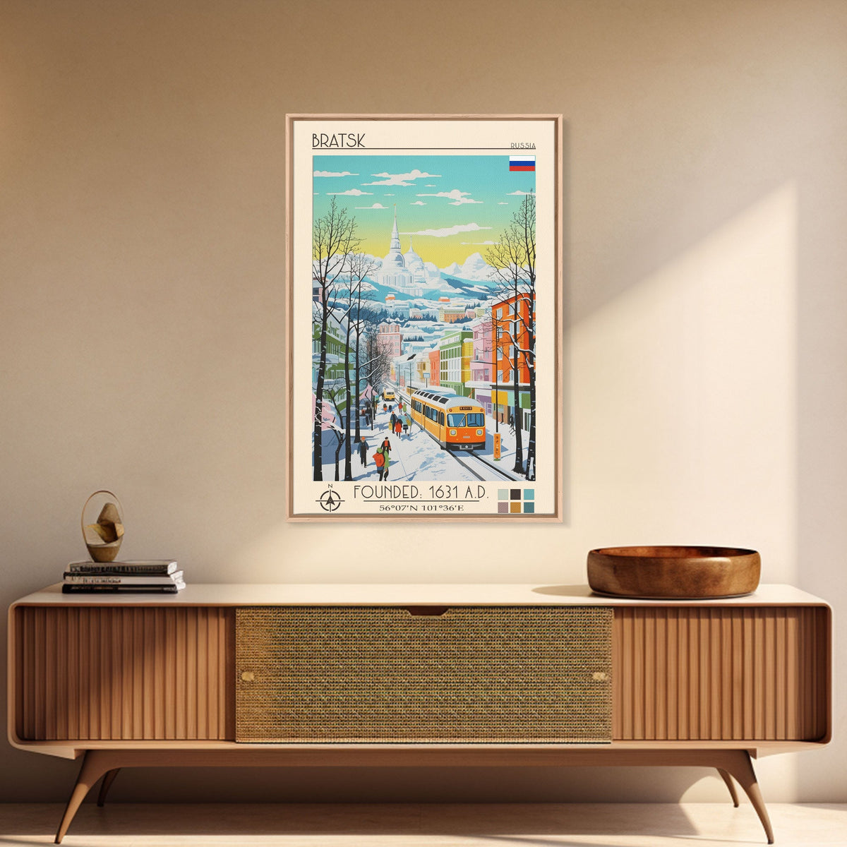 Bratsk Russia Travel Poster Framed Canvas Print, Midcentury Modern Art, Pop Art Wall Decor, Home Decor, Vacation Gift, Living Room Art