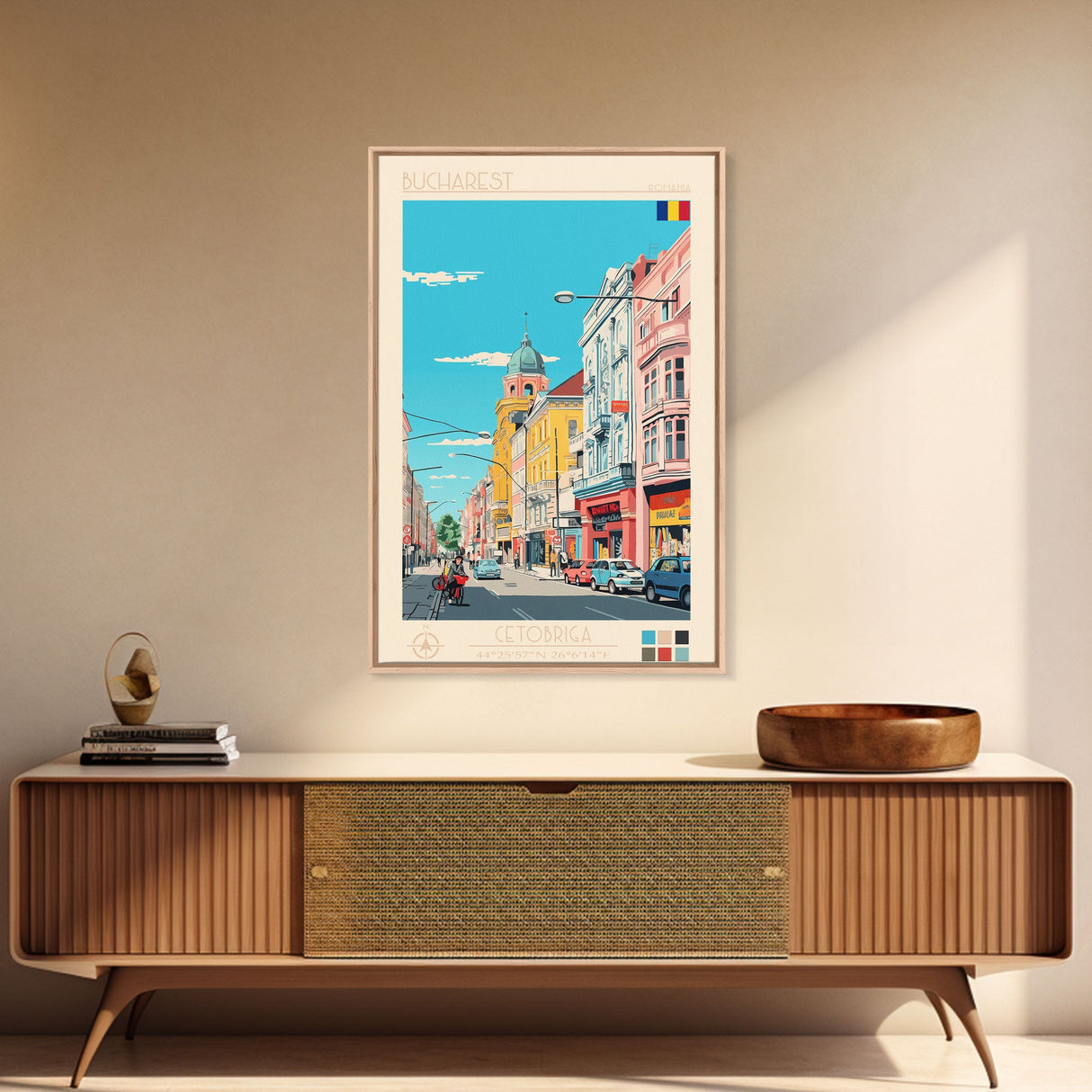 Bucharest Romania Travel Poster Framed Canvas Print, Midcentury Modern Art, Pop Art Wall Decor, Home Decor, Vacation Gift, Living Room Art