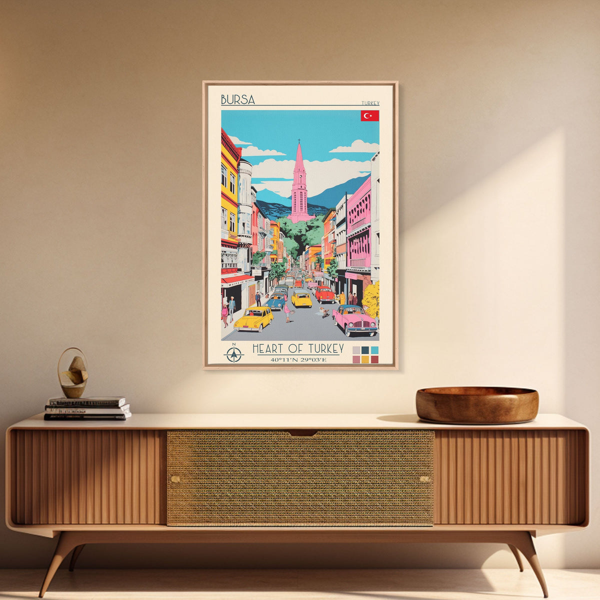 Bursa Turkey Travel Poster Framed Canvas Print, Midcentury Modern Art, Pop Art Wall Decor, Scenic Wall Art, Living Room Art