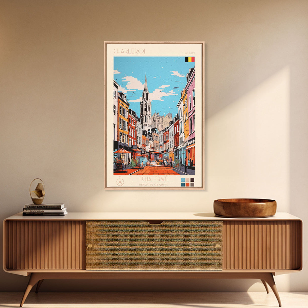 Charleroi Belgium Travel Poster Framed Canvas Print, Midcentury Modern Art, Pop Art Wall Decor, Home Decor, Vacation Gift, Living Room Art