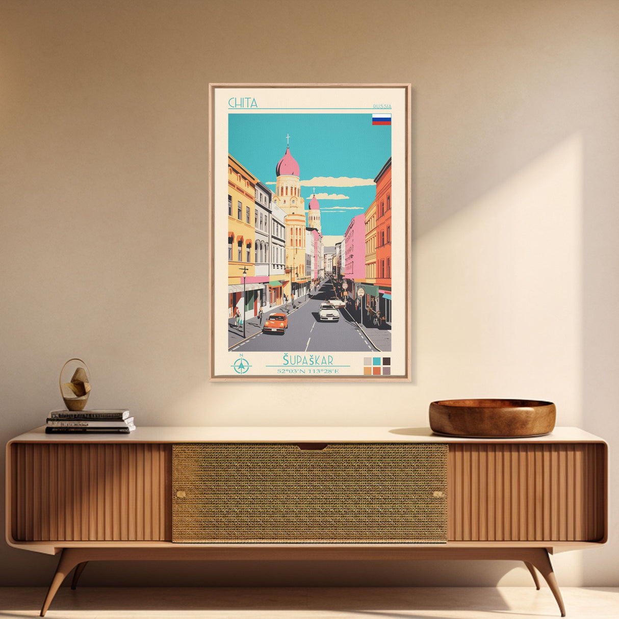 Chita Russia Travel Poster Framed Canvas Print, Midcentury Modern Art, Pop Art Wall Decor, Home Decor, Vacation Gift, Living Room Art