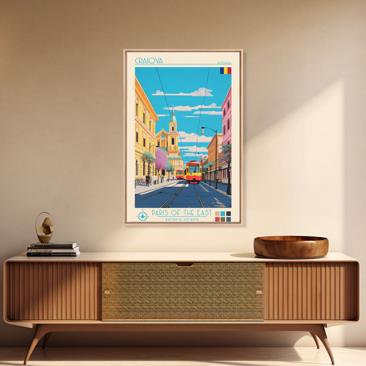 Craiova Romania Travel Poster Framed Canvas Print, Midcentury Modern Art, Pop Art Wall Decor, Home Decor, Vacation Gift, Living Room Art