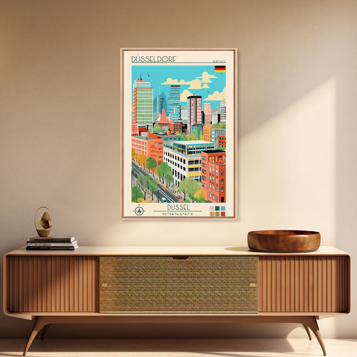 Düsseldorf Germany Travel Poster Framed Canvas Print, Midcentury Modern Art, Pop Art Wall Decor, Home Decor, Vacation Gift, Office Art