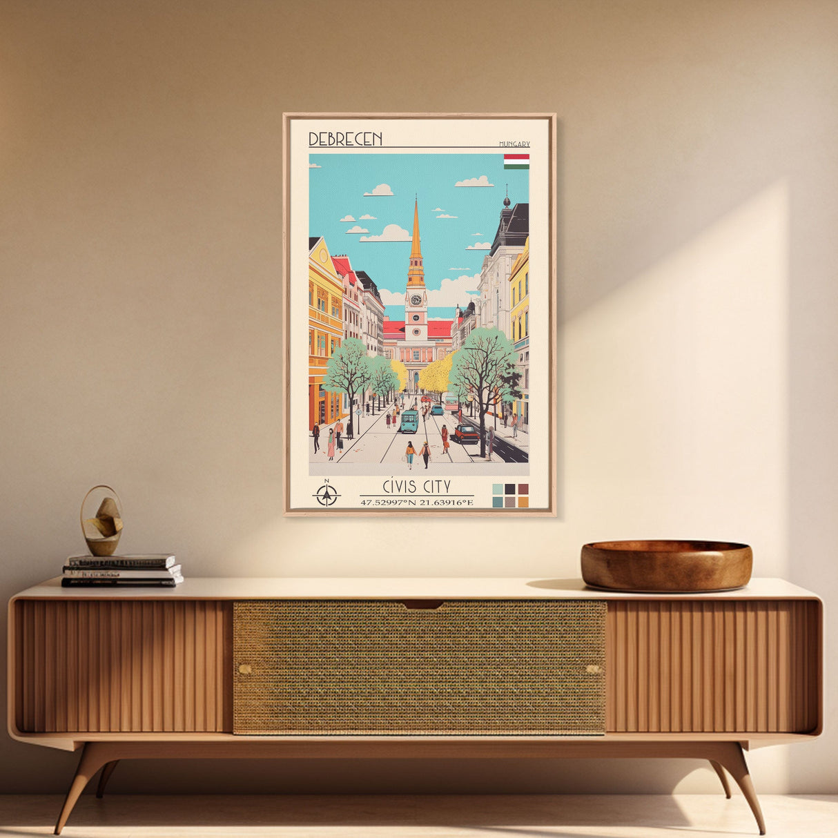 Debrecen Hungary Travel Poster Framed Canvas Print, Midcentury Modern Art, Pop Art Wall Decor, Home Decor, Vacation Gift, Living Room Art