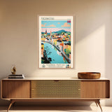 Fredrikstad Norway Travel Poster Framed Canvas Print, Midcentury Modern Art, Pop Art Wall Decor, Scenic Wall Art, Bedroom Decoration