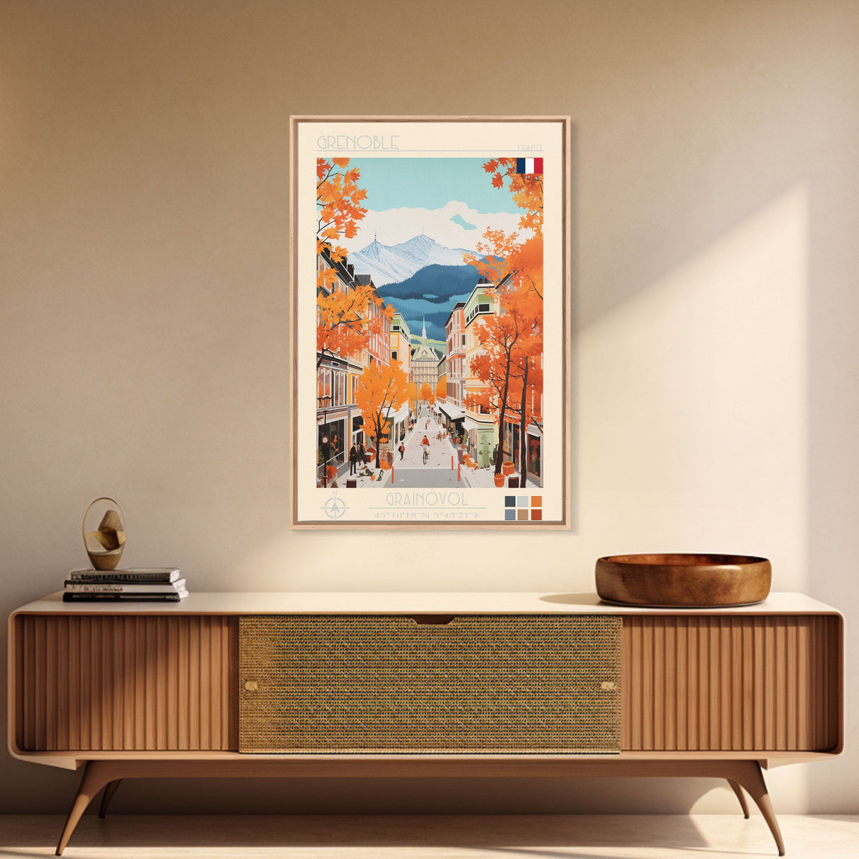 Grenoble France Travel Poster Framed Canvas Print, Midcentury Modern Art, Pop Art Wall Decor, Home Decor, Vacation Gift, Office Art