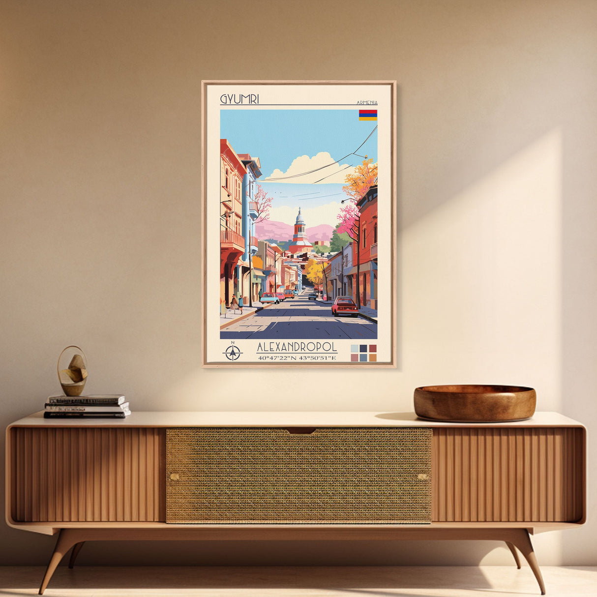Gyumri Armenia Travel Poster Framed Canvas Print, Midcentury Modern Art, Pop Art Wall Decor, Home Decor, Vacation Gift, Bedroom Art