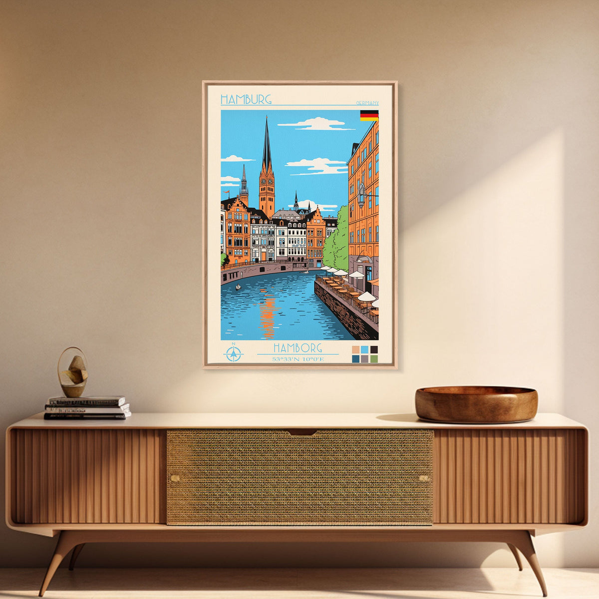 Hamburg Germany Travel Poster Framed Canvas Print, Midcentury Modern Art, Pop Art Wall Decor, Scenic Wall Art, Bedroom Decoration, Office Art