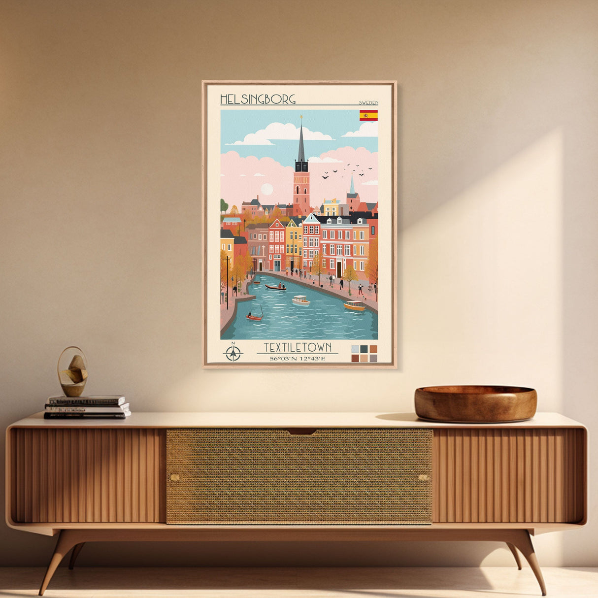 Helsingborg Sweden Travel Poster Framed Canvas Print, Midcentury Modern Art, Pop Art Wall Decor, Scenic Wall Art, Bedroom Decoration, Office Art