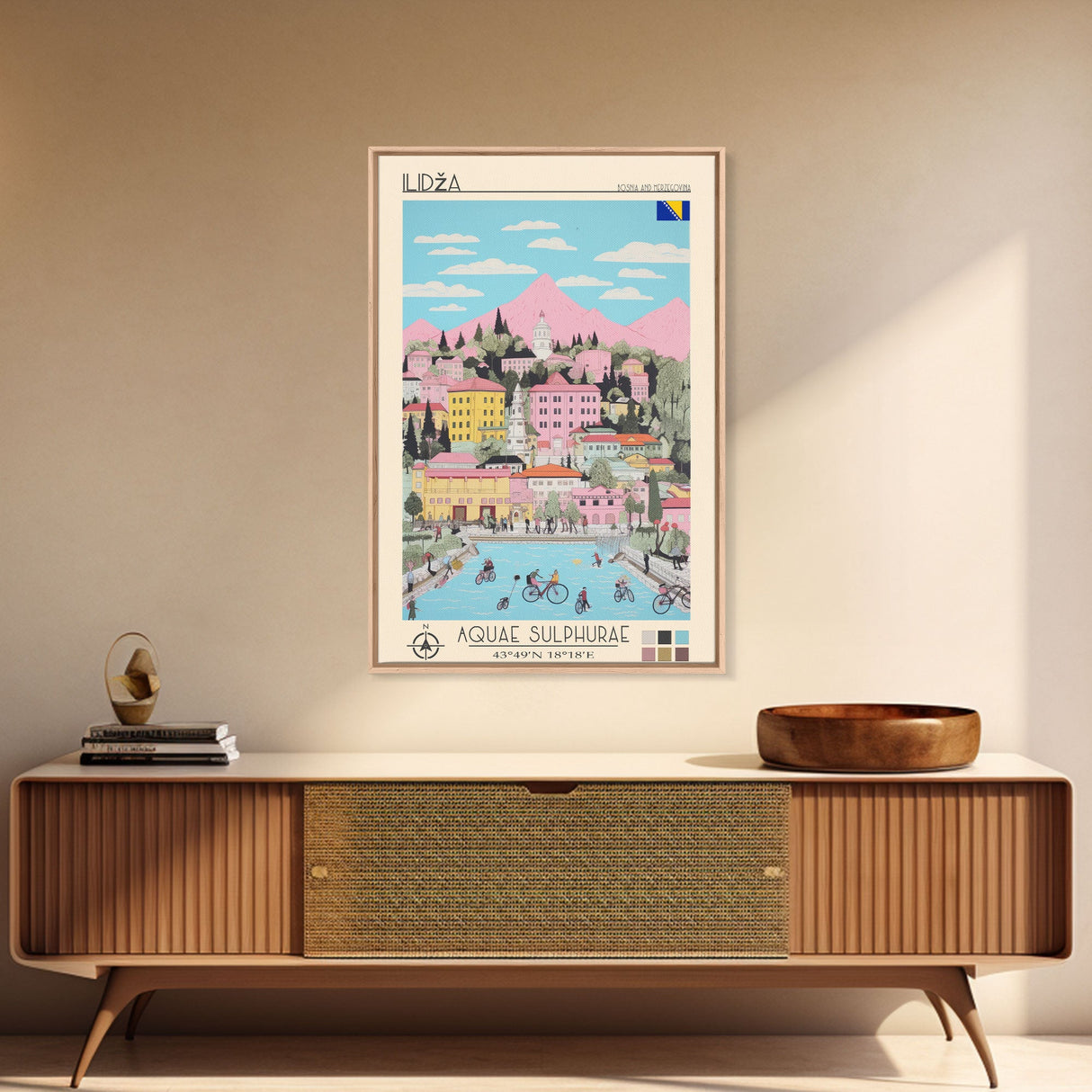 Ilidža Bosnia and Herzegovina Travel Poster Framed Canvas Print, Midcentury Modern Art, Pop Art Wall Decor, Scenic Wall Art, Bedroom Decoration