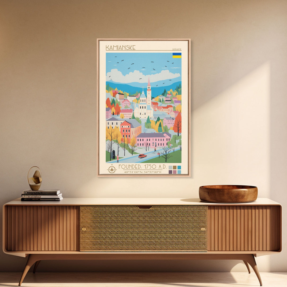 Kamianske Ukraine Travel Poster Framed Canvas Print, Midcentury Modern Art, Pop Art Wall Decor, Scenic Wall Art, Living Room Decoration, Office Art