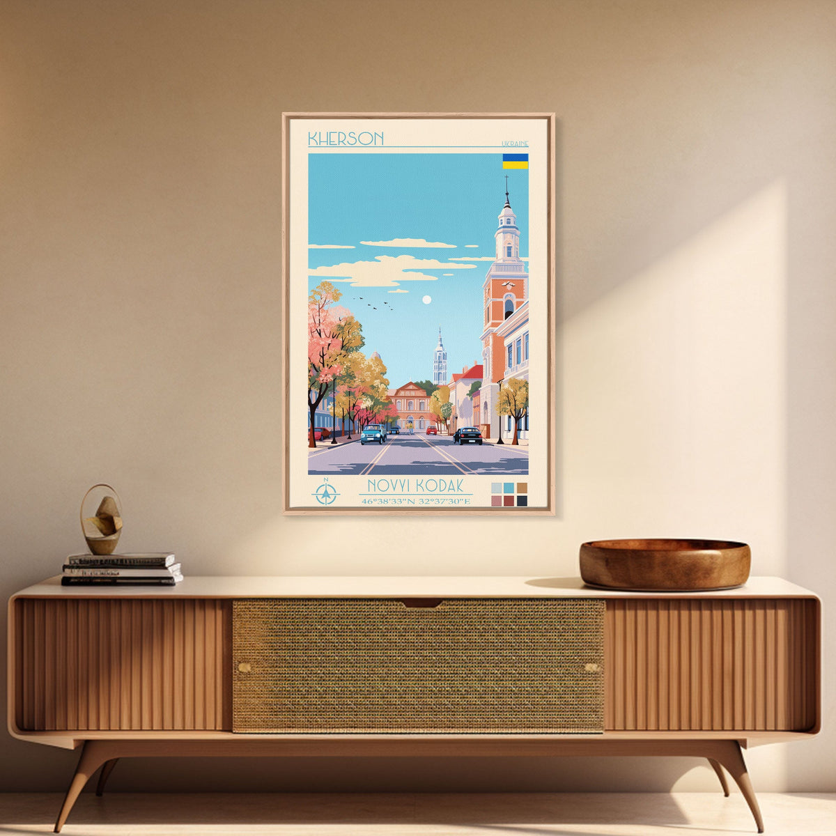 Kherson Ukraine Travel Poster Framed Canvas Print, Midcentury Modern Art, Pop Art Wall Decor, Scenic Wall Art, Living Room Decoration, Office Art