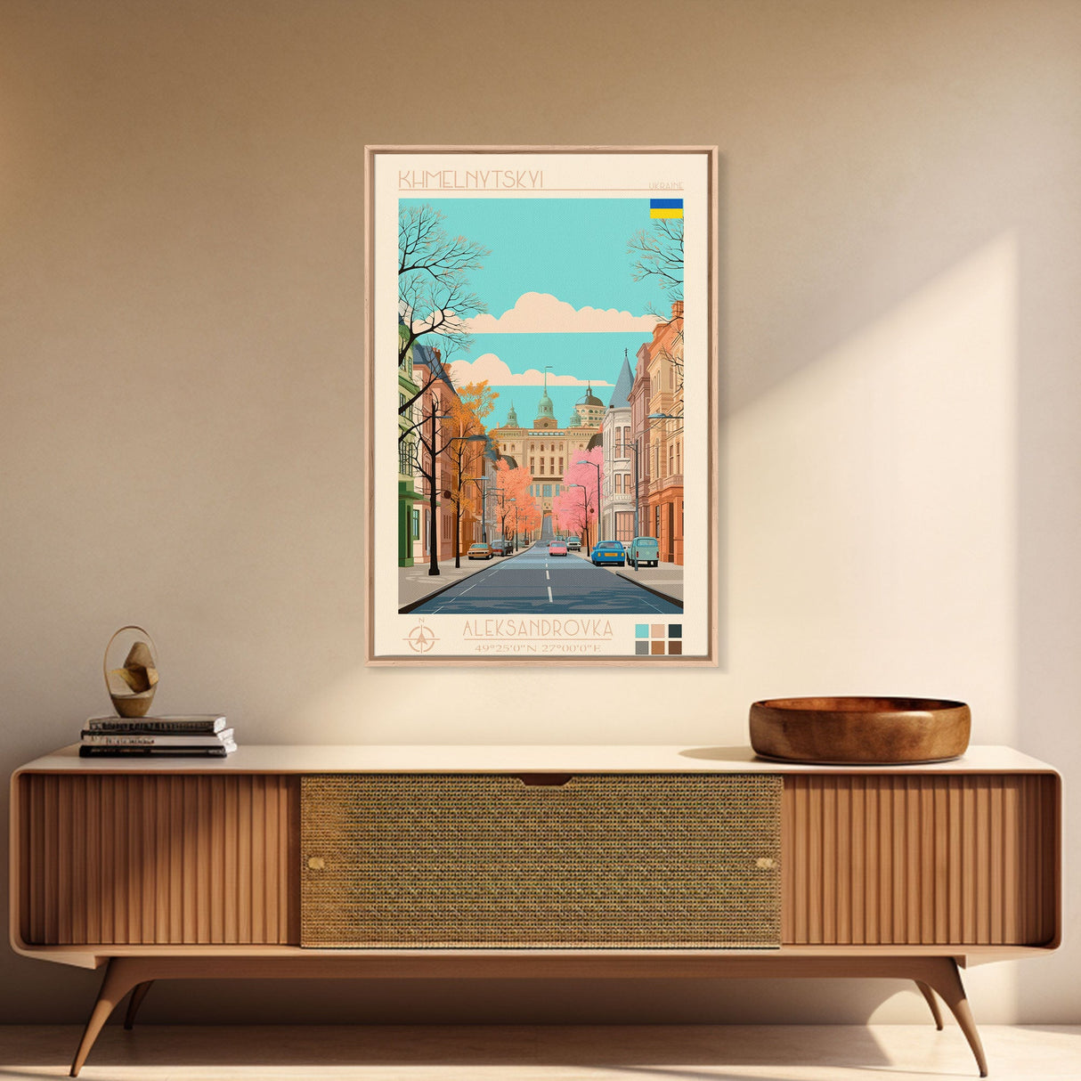 Khmelnytskyi Ukraine Travel Poster Framed Canvas Print, Midcentury Modern Art, Pop Art Wall Decor, Scenic Wall Art, Living Room Decoration, Office Gift