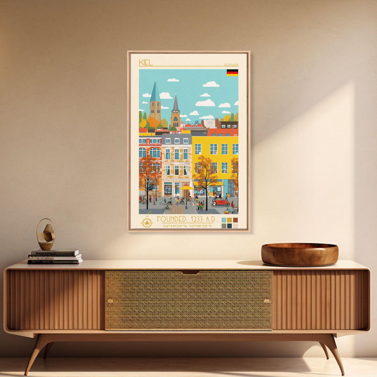 Kiel Germany Travel Poster Framed Canvas Print, Midcentury Modern Art, Pop Art Wall Decor, Scenic Wall Art, Living Room Decoration, Office Art