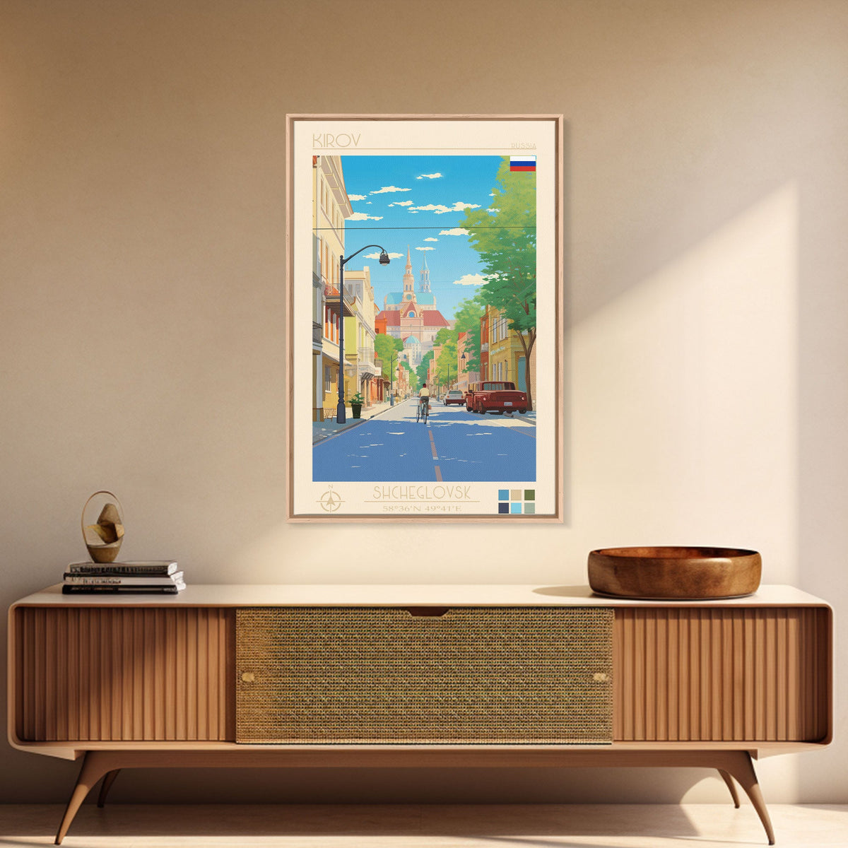 Kirov Russia Travel Poster Framed Canvas Print, Midcentury Modern Art, Pop Art Wall Decor, Scenic Living Room Art, Bedroom Decor