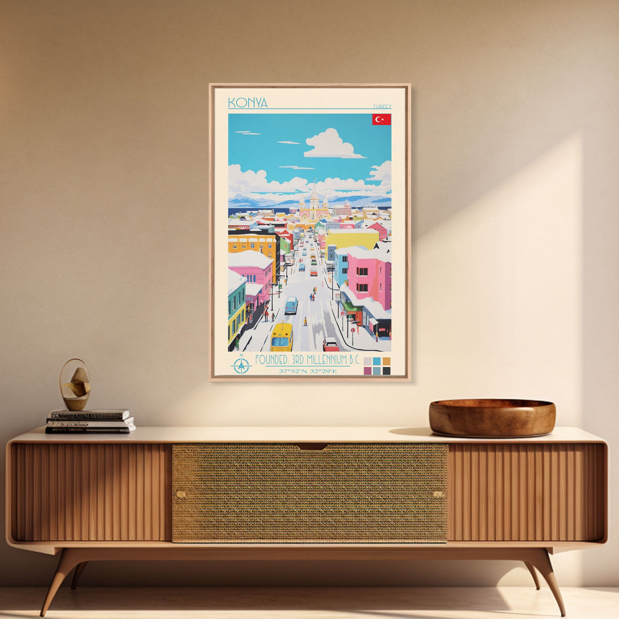 Konya Turkey Travel Poster Framed Canvas Print, Midcentury Modern Art, Pop Art Wall Decor, Scenic Wall Art, Living Room Decoration, Office Art