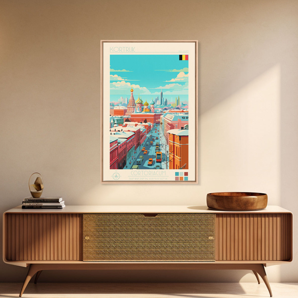 Kortrijk Belgium Travel Poster Framed Canvas Print, Midcentury Modern Art, Pop Art Wall Decor, Scenic Living Room Art, Bedroom Decor