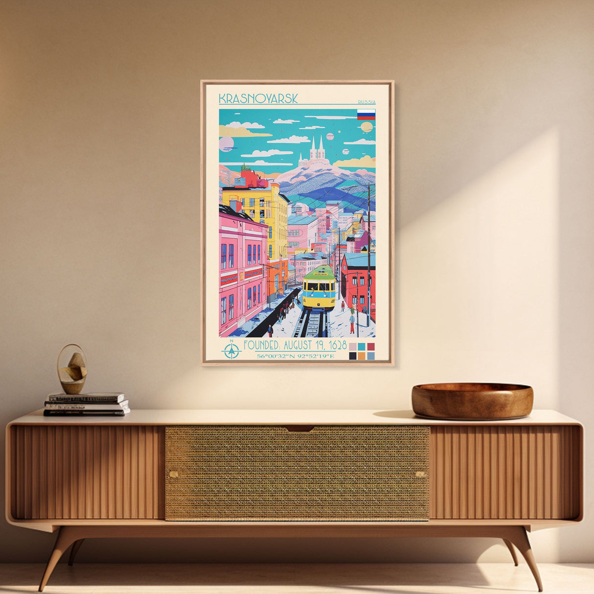 Krasnoyarsk Russia Travel Poster Framed Canvas Print, Midcentury Modern Art, Pop Art Wall Decor, Scenic Bedroom Art, Office Decoration