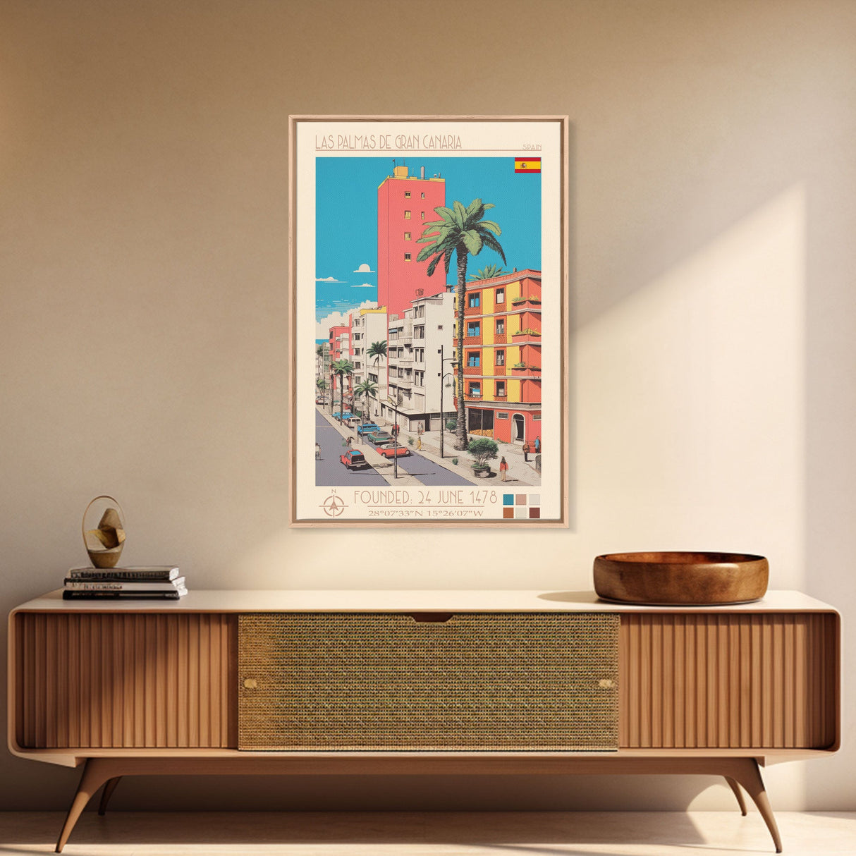 Las Palmas de Gran Canaria Spain Travel Poster Framed Canvas Print, Midcentury Modern Art, Pop Art Wall Decor, Scenic Wall Art, Bedroom Decoration