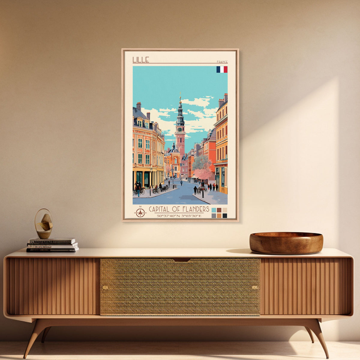 Lille France Travel Poster Framed Canvas Print, Midcentury Modern Art, Pop Art Wall Decor, Scenic Wall Art, Bedroom Decoration, Office Art