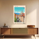 Ljubljana Slovenia Travel Poster Framed Canvas Print, Wall Decor, Midcentury Modern Art, Pop Art, Scenic Art for Bedroom and Living Room