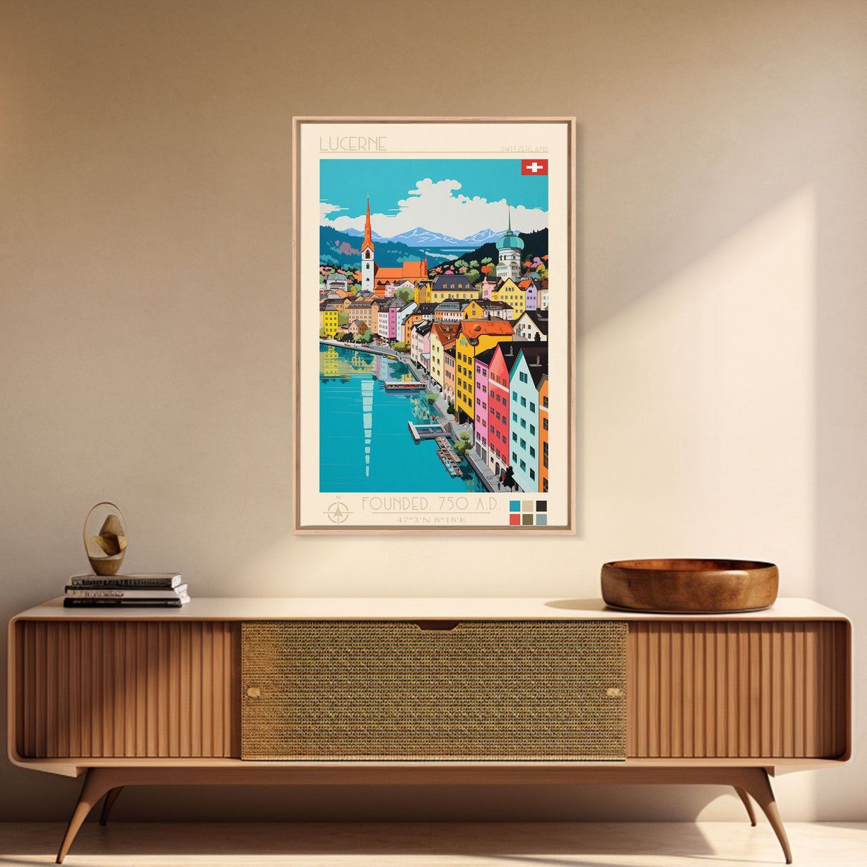 Lucerne Switzerland Travel Poster Framed Canvas Print, Midcentury Modern Art, Pop Art Wall Decor, Scenic Art, Living Room and Office Gift