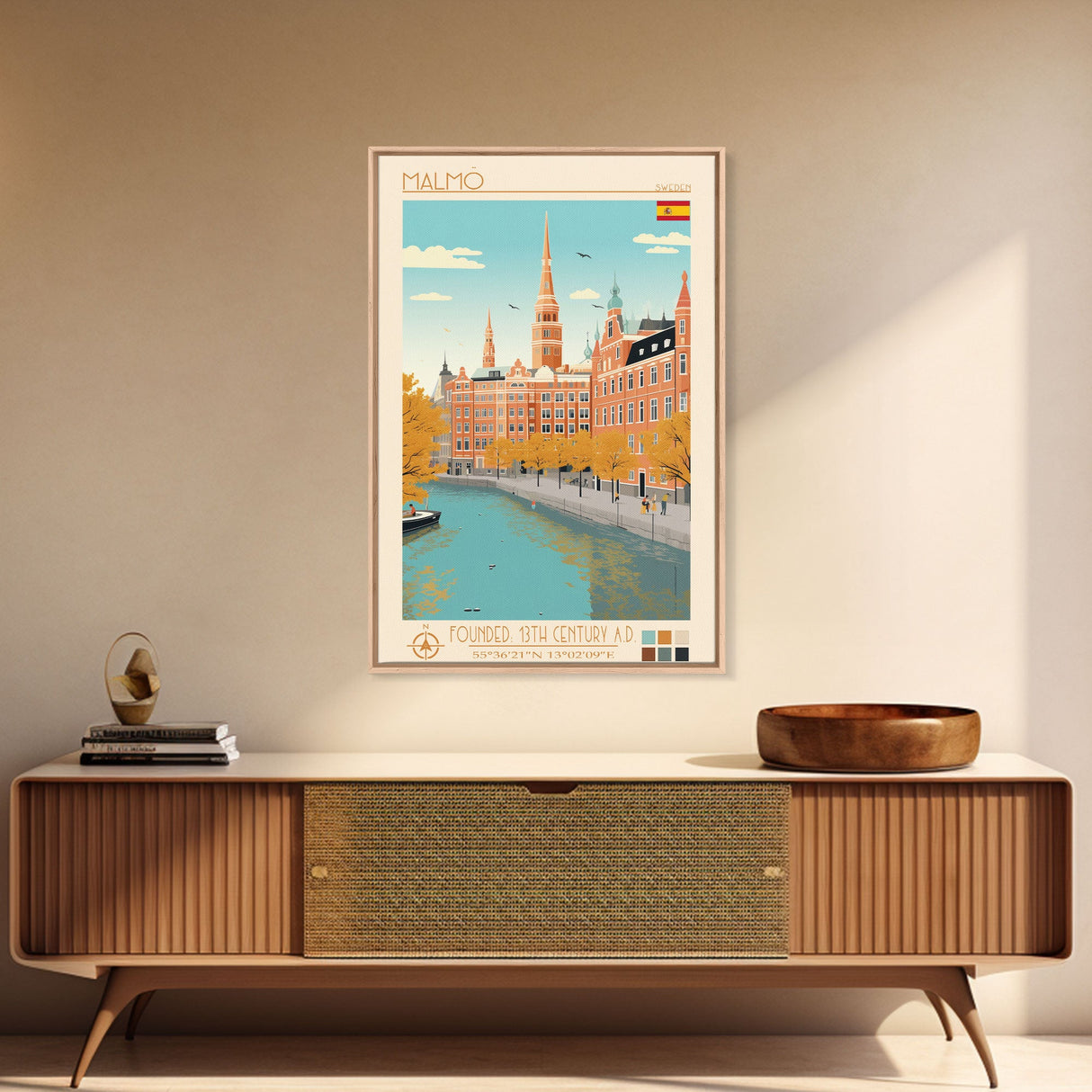 Malmö Sweden Travel Poster Framed Canvas Print, Midcentury Modern Art, Pop Art Wall Decor, Scenic Wall Art, Bedroom Decoration