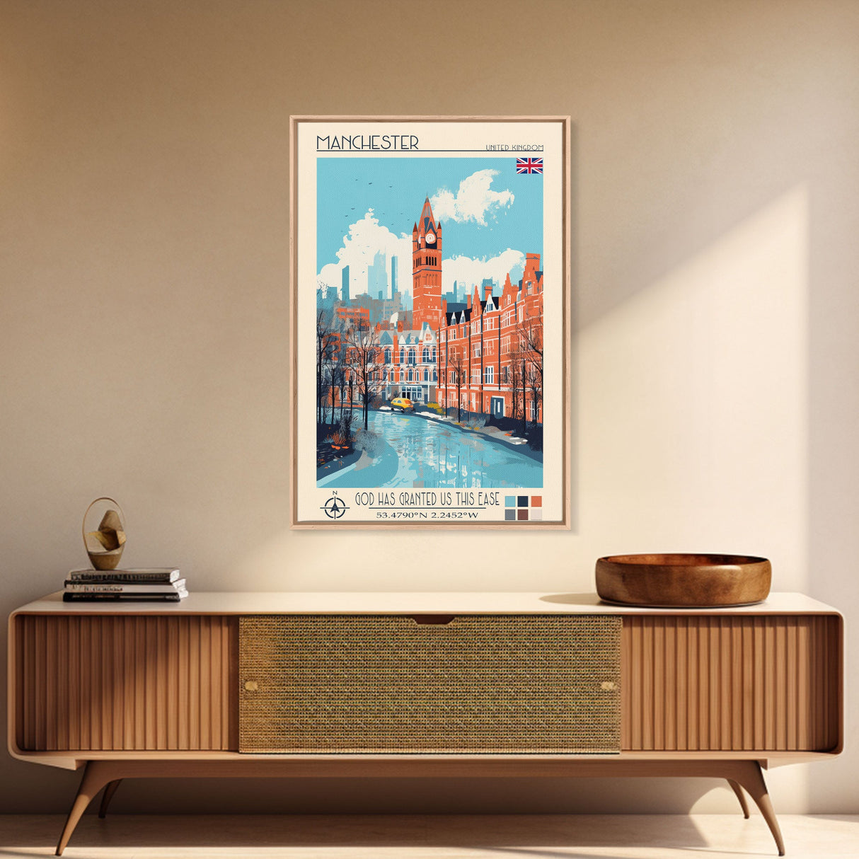 Manchester United Kingdom Travel Poster Framed Canvas Print, Midcentury Modern Art, Pop Art Wall Decor, Scenic Wall Art, Living Room Decoration, Office Art