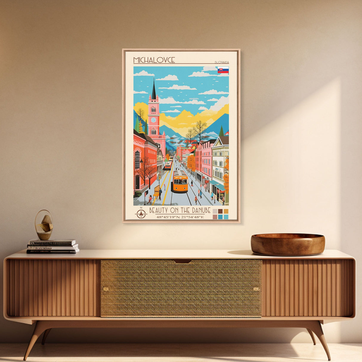 Michalovce Slovakia Travel Poster Framed Canvas Print, Midcentury Modern Art, Pop Art Wall Decor, Scenic Wall Art, Living Room Decoration, Office Art