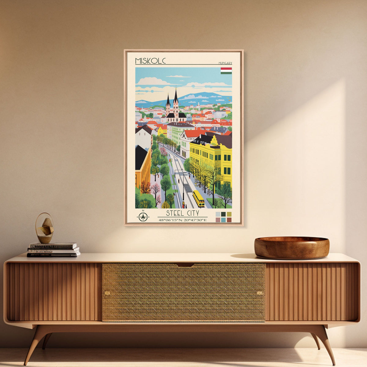 Miskolc Hungary Travel Poster Framed Canvas Print, Midcentury Modern Art, Pop Art Wall Decor, Scenic Living Room Art, Bedroom Decor