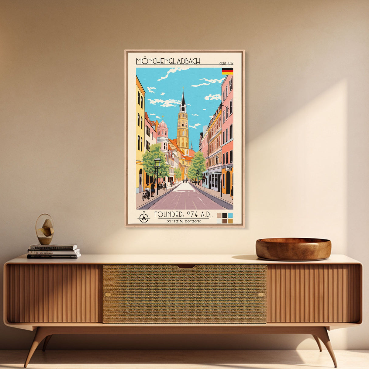 Mönchengladbach Germany Travel Poster Framed Canvas Print, Midcentury Modern Art, Pop Art Wall Decor, Scenic Living Room Art, Bedroom Gift