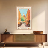 Montpellier France Travel Poster Framed Canvas Print, Midcentury Modern Art, Pop Art Wall Decor, Scenic Living Room Art, Bedroom Gift