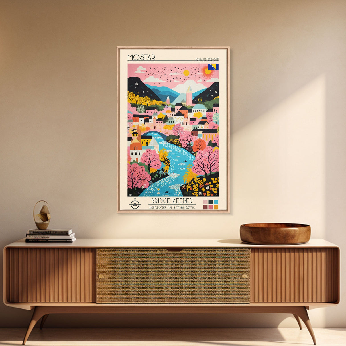 Mostar Bosnia and Herzegovina Travel Poster Framed Canvas Print, Midcentury Modern Art, Pop Art Wall Decor, Home Decor, Vacation Gift, Bedroom Art