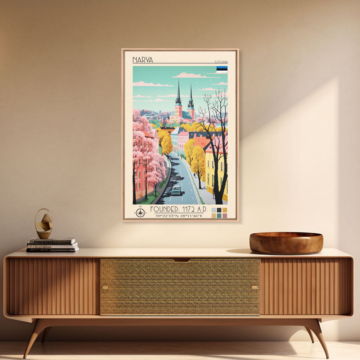 Narva Estonia Travel Poster Framed Canvas Print, Midcentury Modern Art, Pop Art Wall Decor, Scenic Bedroom Art, Office Decoration