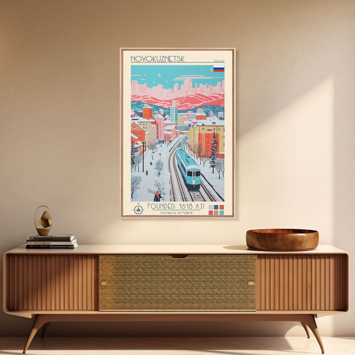 Novokuznetsk Russia Travel Poster Framed Canvas Print, Midcentury Modern Art, Pop Art Wall Decor, Scenic Wall Art, Living Room Decoration, Office Art