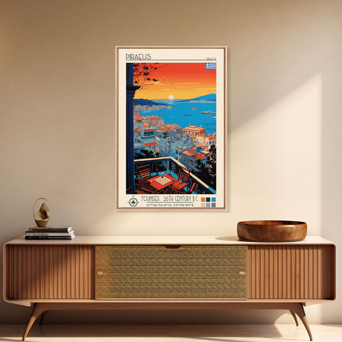 Piraeus Greece Travel Poster Framed Canvas Print, Midcentury Modern Art, Pop Art Wall Decor, Scenic Wall Art, Living Room Decoration, Office Art