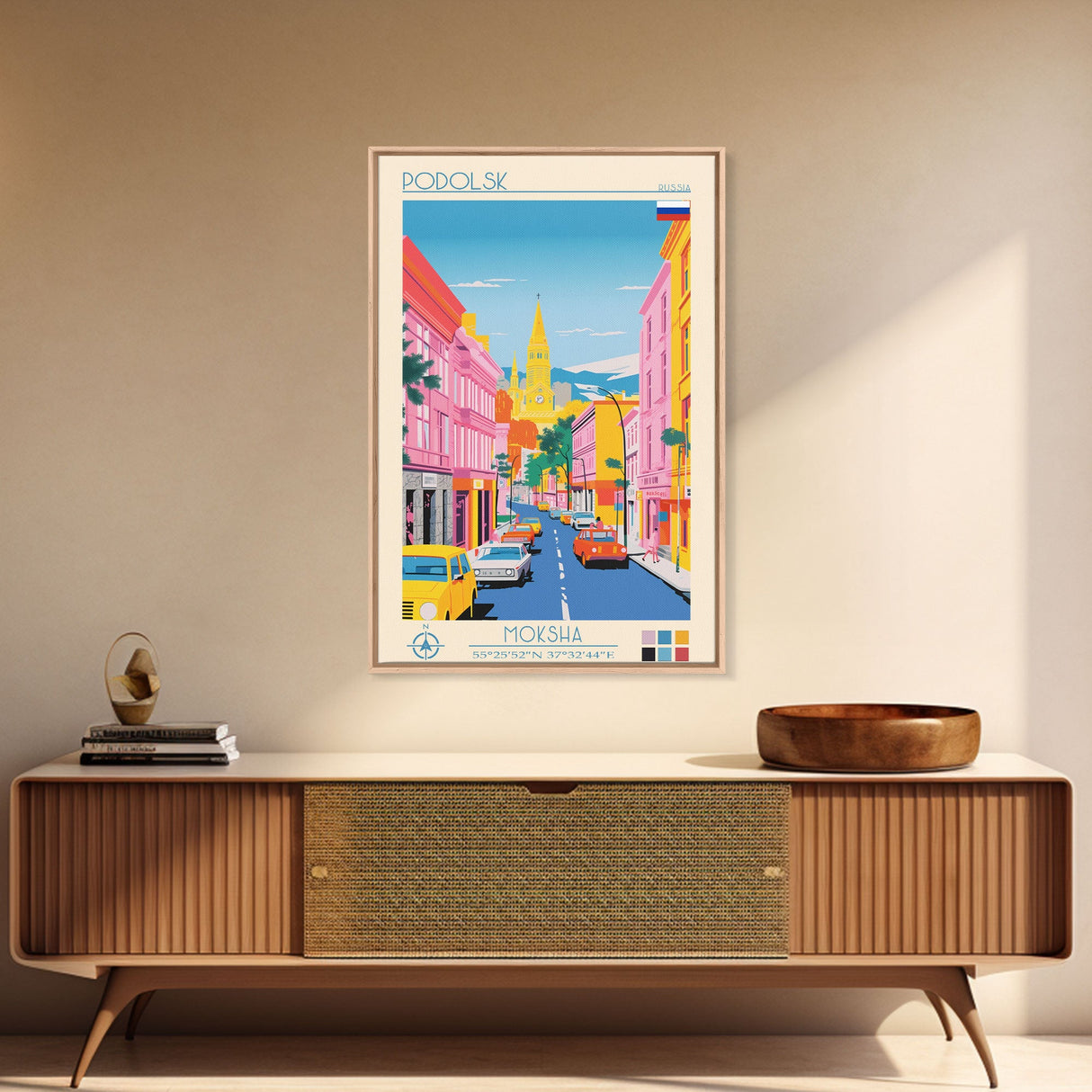 Podolsk Russia Travel Poster Framed Canvas Print, Midcentury Modern Art, Pop Art Wall Decor, Home Decor, Vacation Gift, Office Art