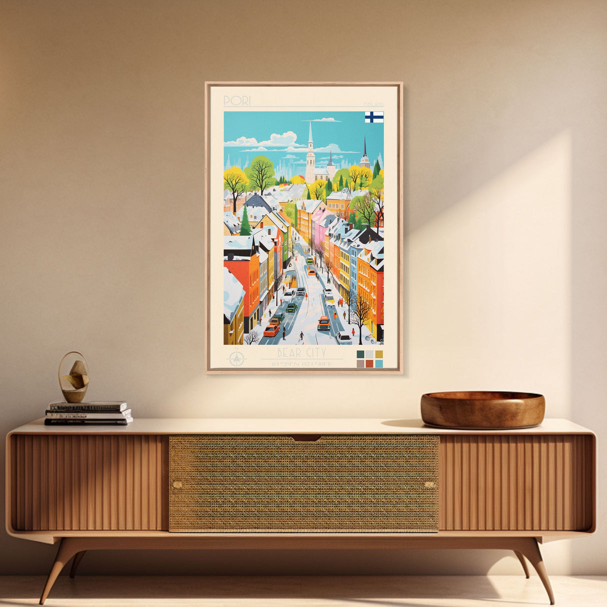 Pori Finland Travel Poster Framed Canvas Print, Midcentury Modern Art, Pop Art Wall Decor, Home Decor, Vacation Gift, Bedroom Art
