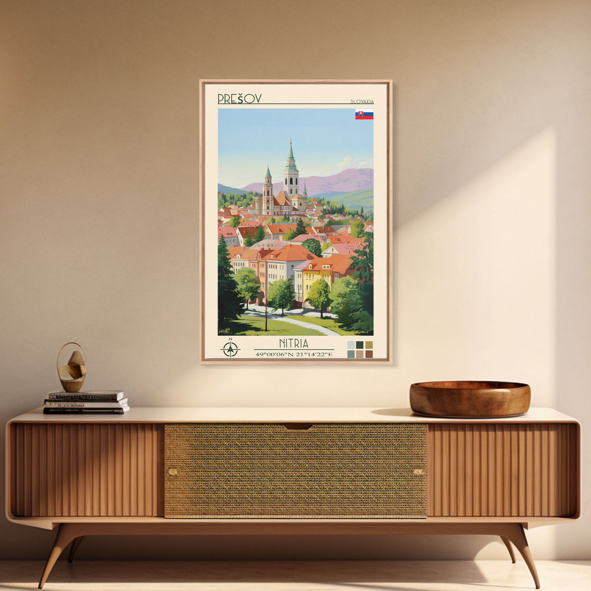 Prešov Slovakia Travel Poster Framed Canvas Print, Midcentury Modern Art, Pop Art Wall Decor, Scenic Living Room Art, Bedroom Gift