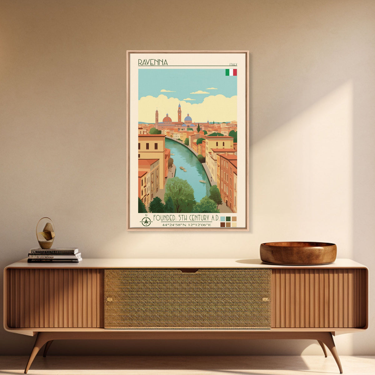 Ravenna Italy Travel Poster Framed Canvas Print, Midcentury Modern Art, Pop Art Wall Decor, Home Decor, Vacation Gift, Office Art