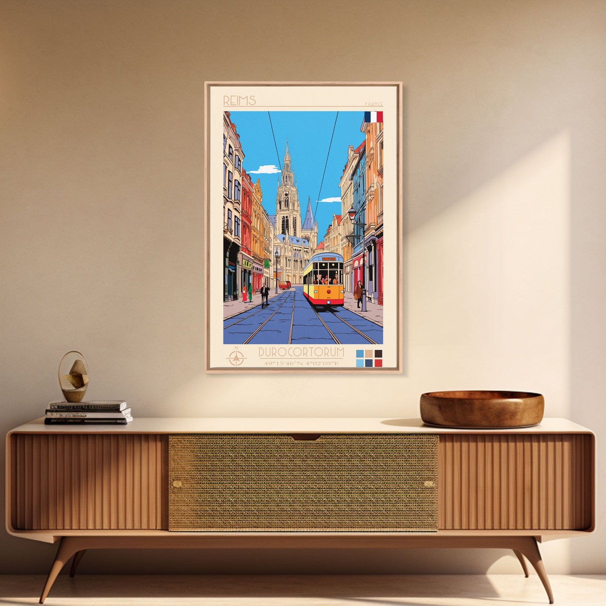 Reims France Travel Poster Framed Canvas Print, Midcentury Modern Art, Pop Art Wall Decor, Home Decor, Vacation Gift, Bedroom Art
