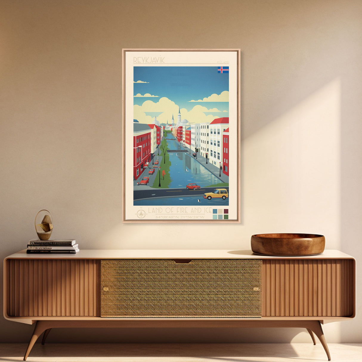 Reykjavik Iceland Travel Poster Framed Canvas Print, Midcentury Modern Art, Pop Art Wall Decor, Scenic Wall Art, Bedroom Decoration