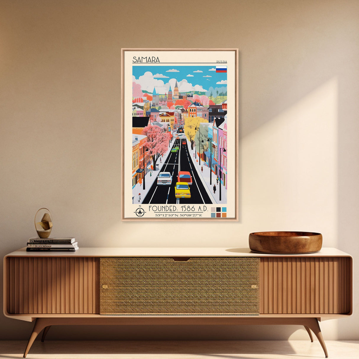 Samara Russia Travel Poster Framed Canvas Print, Midcentury Modern Art, Pop Art Wall Decor, Home Decor, Office Decoration, Scenic Art