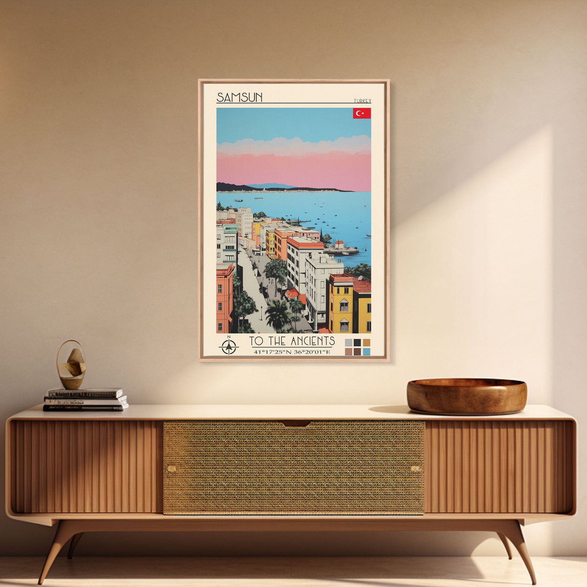 Samsun Turkey Travel Poster Framed Canvas Print, Midcentury Modern Art, Pop Art Wall Decor, Living Room Art, Vacation Gift